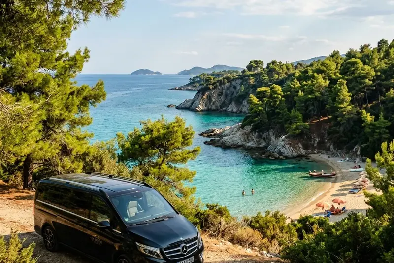 Private taxi transfer to Nikiti beach, Sithonia — Blue Flag beach with turquoise Aegean waters