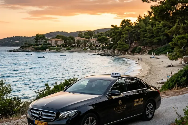 Private taxi Mercedes E-Class parked near the sandy beach of Anthemus Sea Beach Hotel in Sithonia