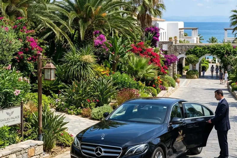 Luxury private taxi Mercedes E-Class in the tropical gardens of Eagles Palace Hotel in Ouranoupoli