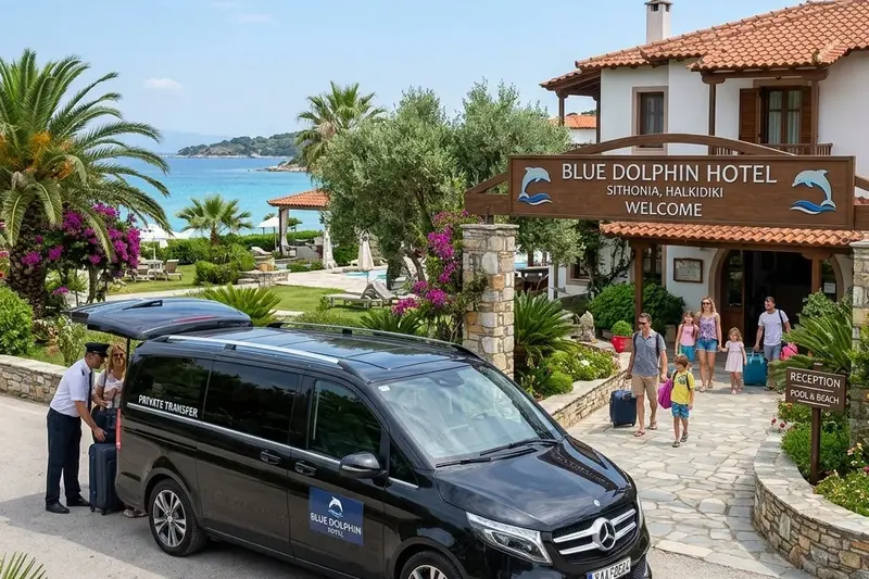 Mercedes E-Class private transfer parked at Danai Beach Resort & Villas lobby entrance in Kassandra, Halkidiki