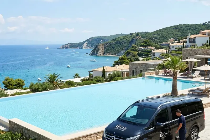 Private transfer sedan parked outside the beachfront Ikos Oceania Resort in Nea Moudania
