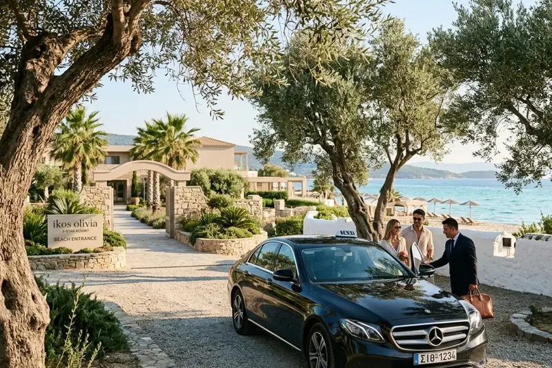 Premium private minivan transfer at the olive groves of Ikos Olivia Resort in Gerakini