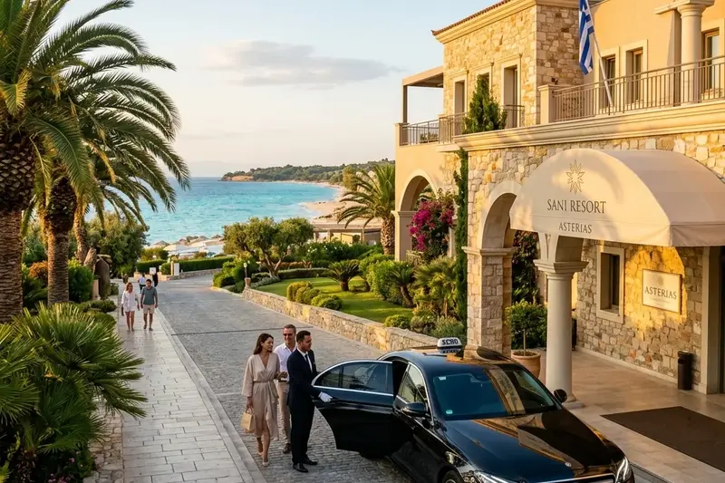 Mercedes E-Class private transfer parked at Sani Beach Hotel lobby entrance in Kassandra, Halkidiki